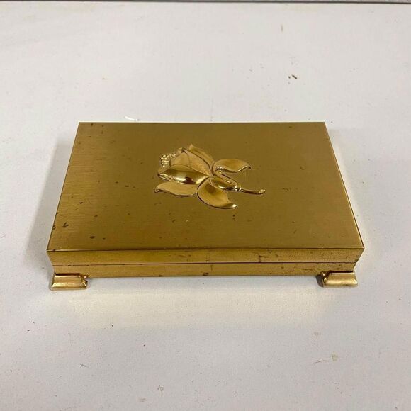 VTG Brass Presentation Box DELTAH MCM Floral Flower Design Jewelry Holder Footed - Picture 1 of 6
